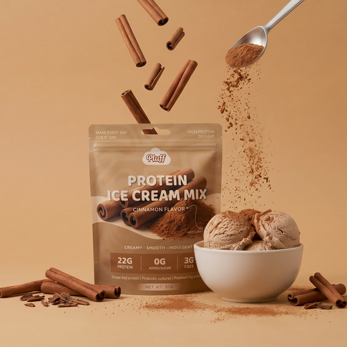 Protein ice cream mix package with cinnamon sticks and ice cream on a beige background