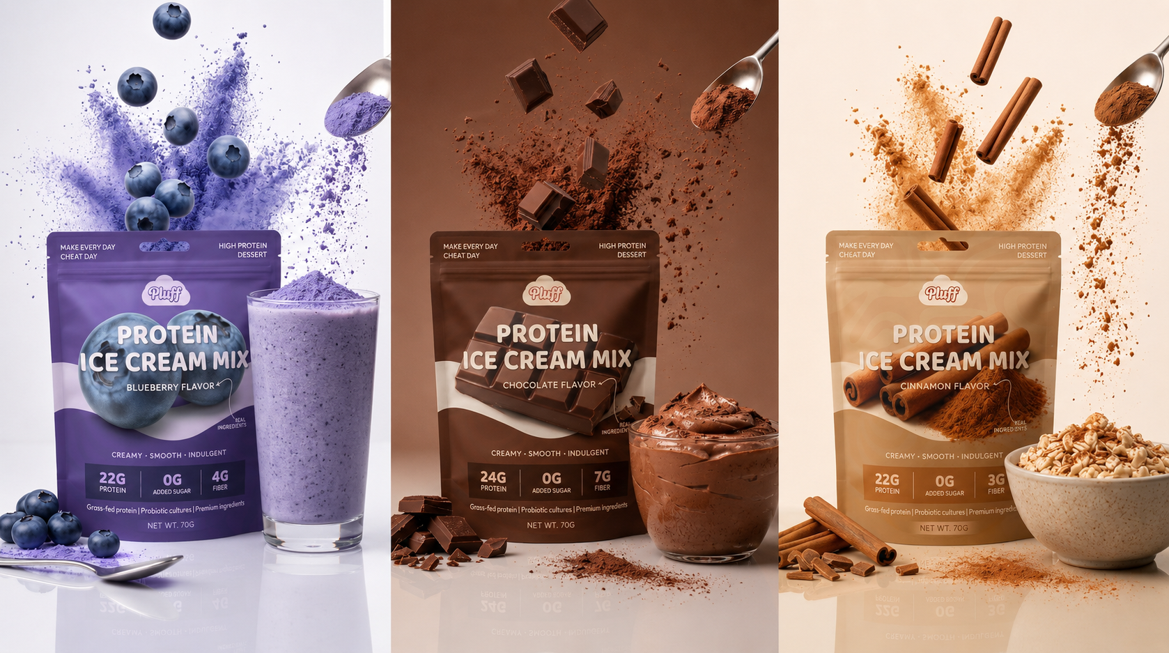 Protein ice cream mix packages with corresponding products on a white background
