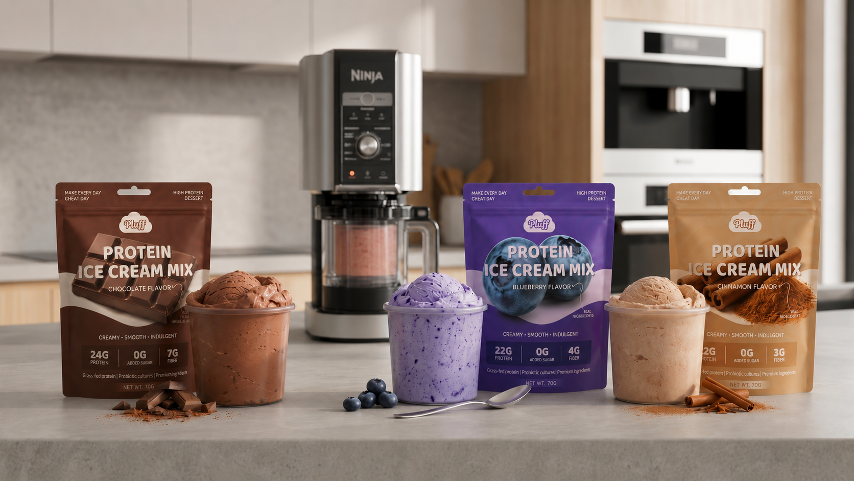 Protein ice cream mix packages with scoops on a kitchen counter